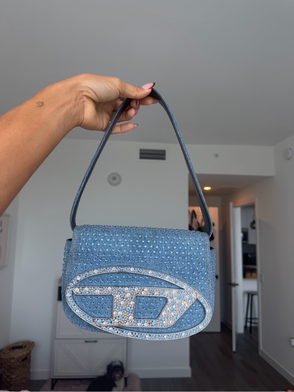 Diesel 1DR Denim Crystal Rhinestone Oval D Shoulder Bag Y2K